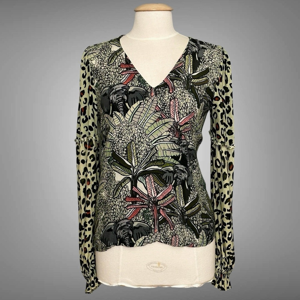 Bl-nk London Anthropologie Womens Top M Sibley Safari Cheetah Elephant Wildlife - Picture 2 of 13